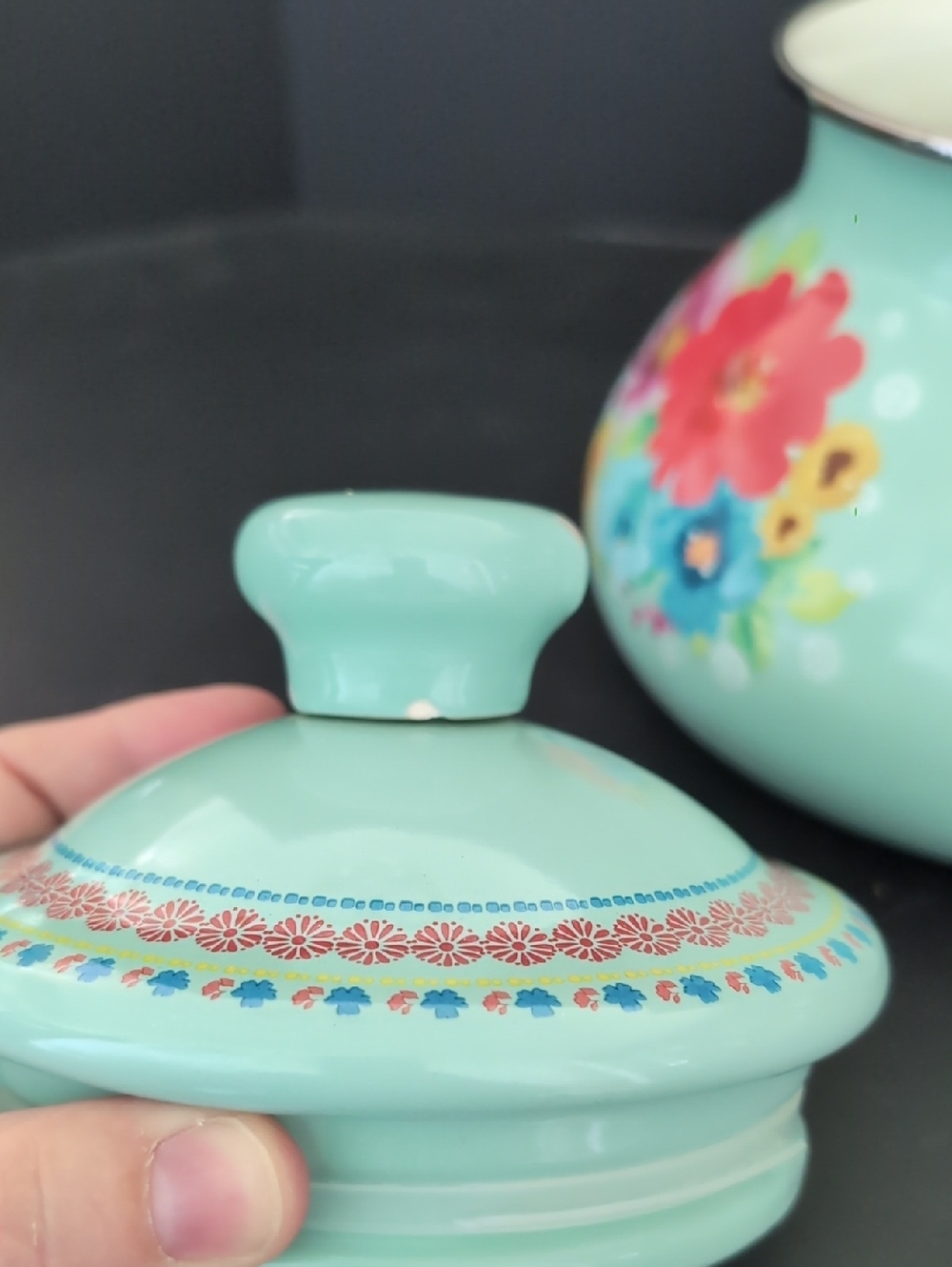 The Pioneer Woman Enamel/Steel Breezy Blossom Turquoise Tea Pot. - Picture 8 of 11